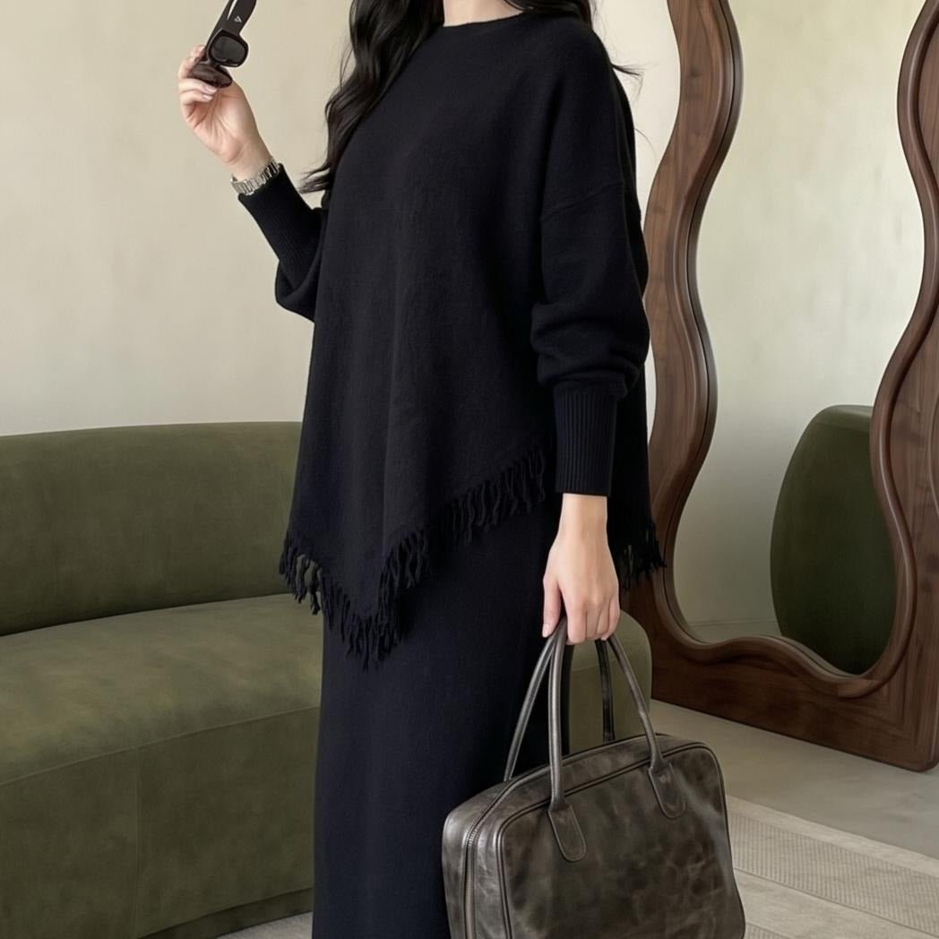 Asymmetric Fringe Knit Top & Maxi Skirt Set | Modest Two-Piece Outfit(MS581) - Mariam's Collection
