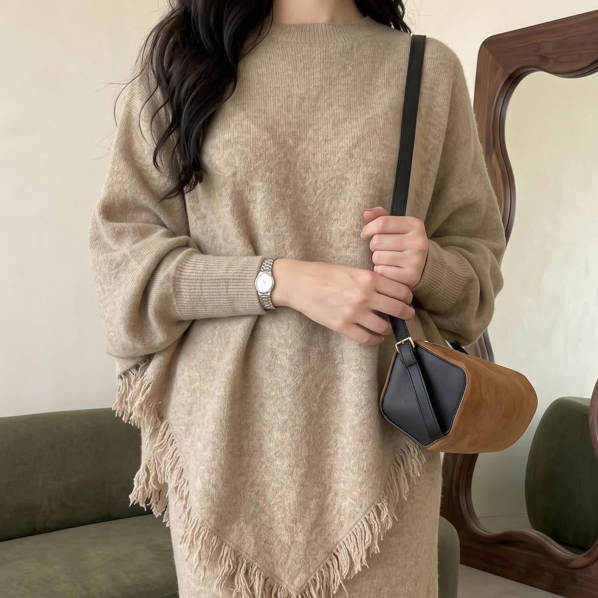 Asymmetric Fringe Knit Top & Maxi Skirt Set | Modest Two-Piece Outfit(MS581) - Mariam's Collection