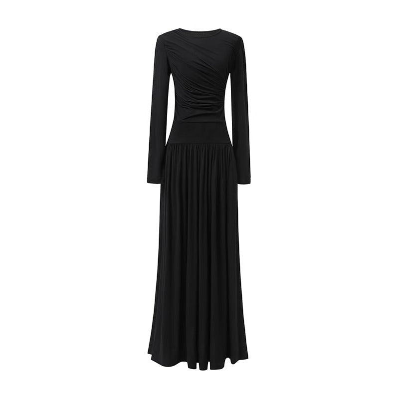 Asymmetric Ruched Knit Dress with Pleated Skirt(MS343) - Mariam's Collection
