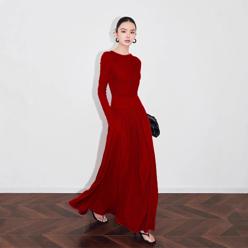 Asymmetric Ruched Knit Dress with Pleated Skirt(MS343) - Mariam's Collection