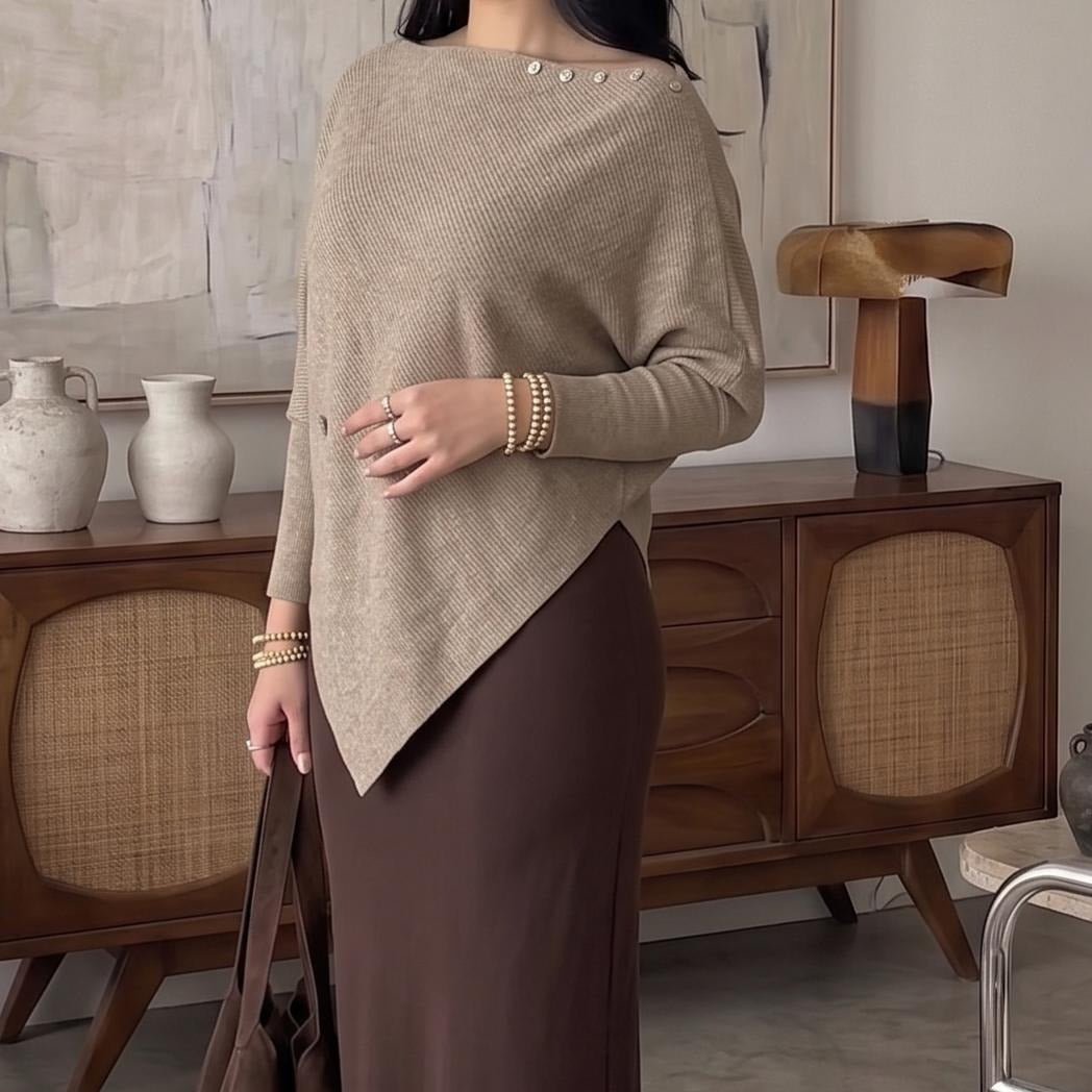 Asymmetric Waist-Detail Knit Top | Long-Sleeve Ribbed Sweater(MS582) - Mariam's Collection