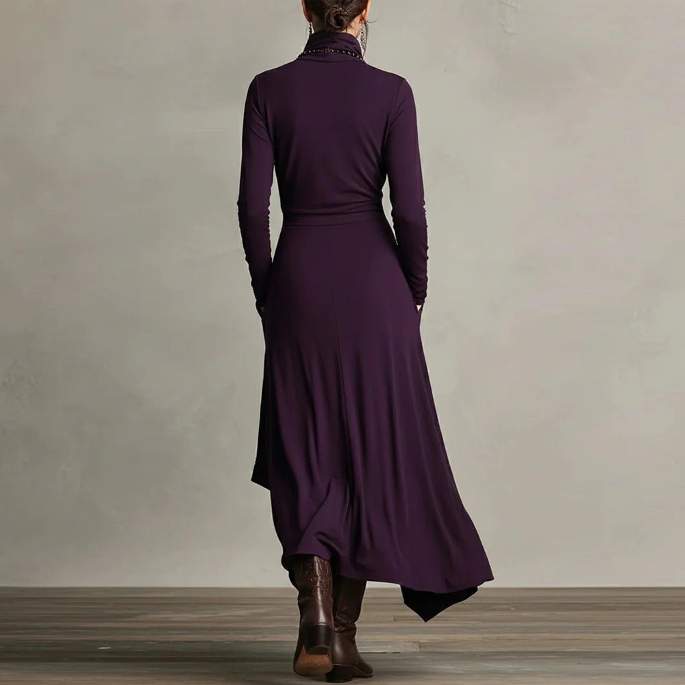 Asymmetric Wrap Gown with Turtleneck | Draped Handkerchief Hem Dress(MS261) - Mariam's Collection
