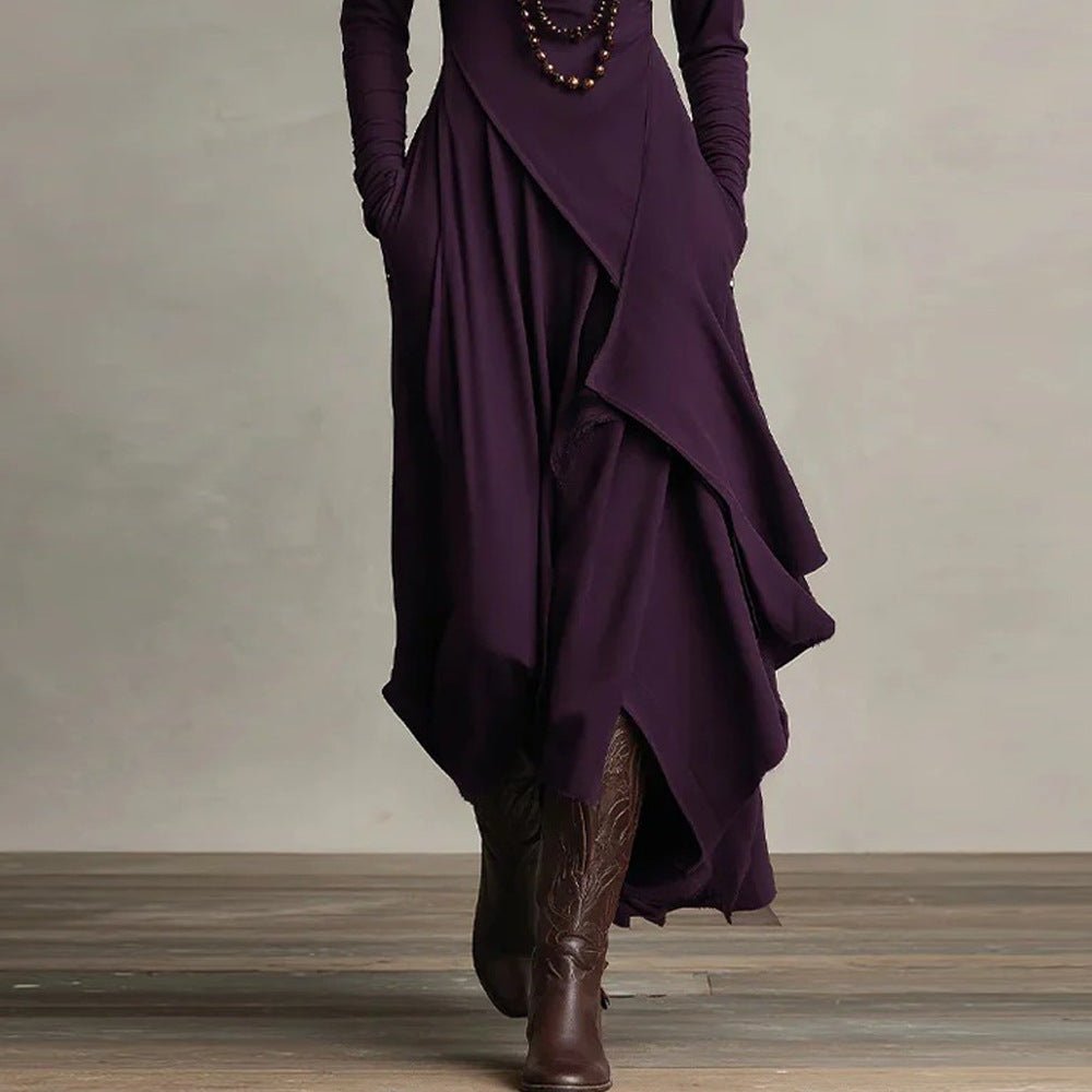 Asymmetric Wrap Gown with Turtleneck | Draped Handkerchief Hem Dress(MS261) - Mariam's Collection