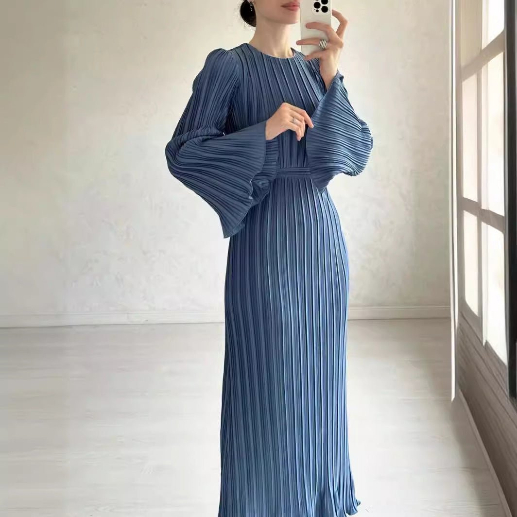 Autumn New Pleated Flared Sleeve Wedding Guest Dress Abaya with Belt. (MA193) - Mariam's Collection