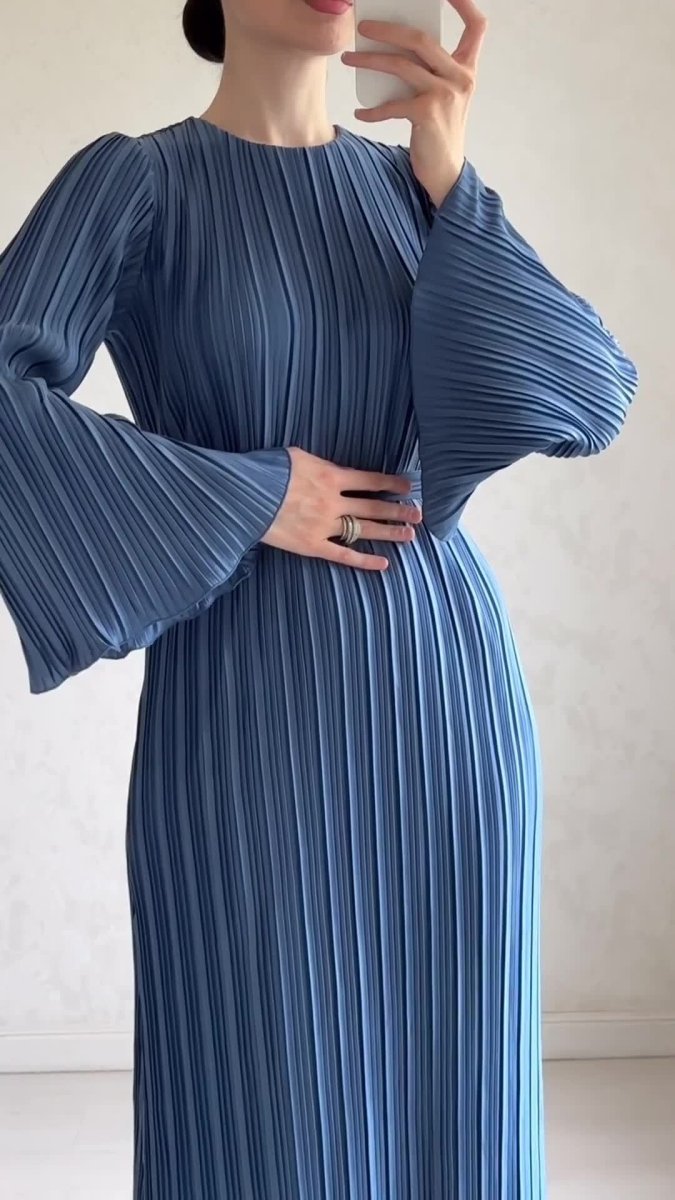 Autumn New Pleated Flared Sleeve Wedding Guest Dress Abaya with Belt. (MA193) - Mariam's Collection