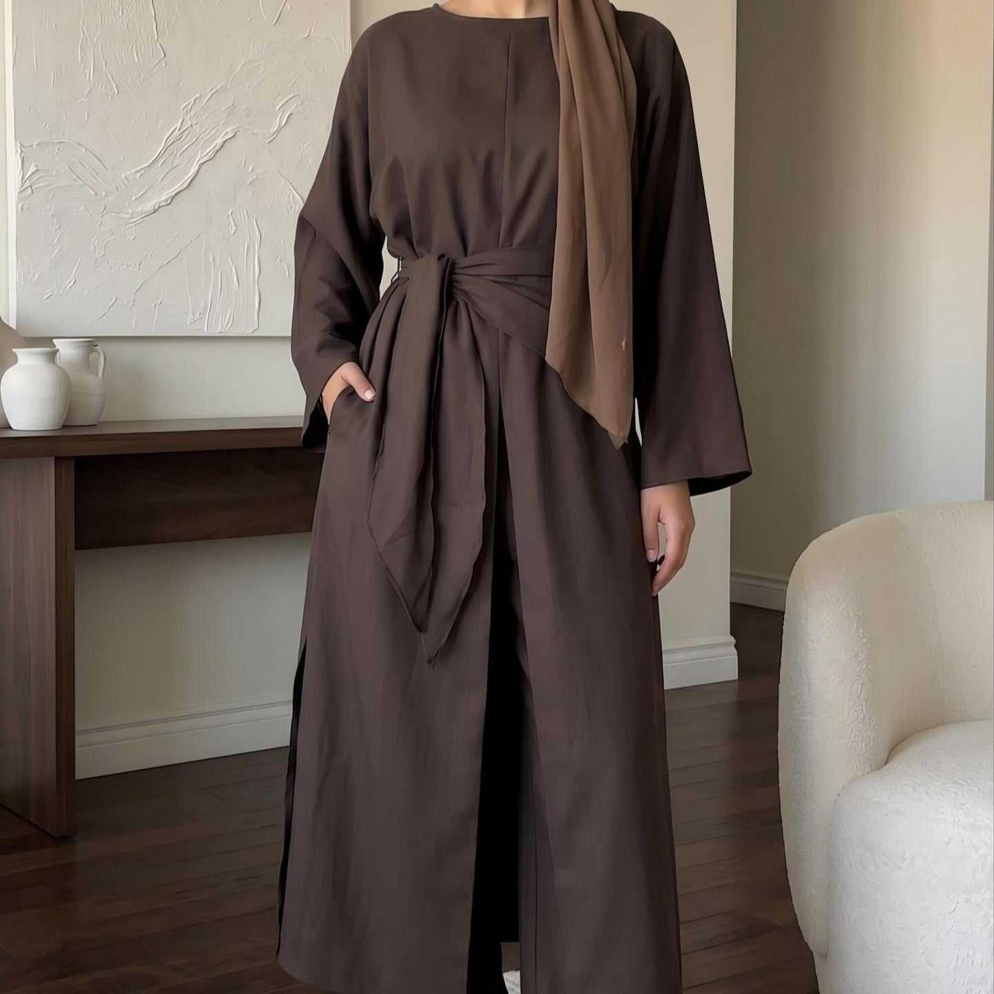 Long-Line Top, Wide-Leg Trousers & Triangle Scarf Three-Piece Co-ord Set(MS484)