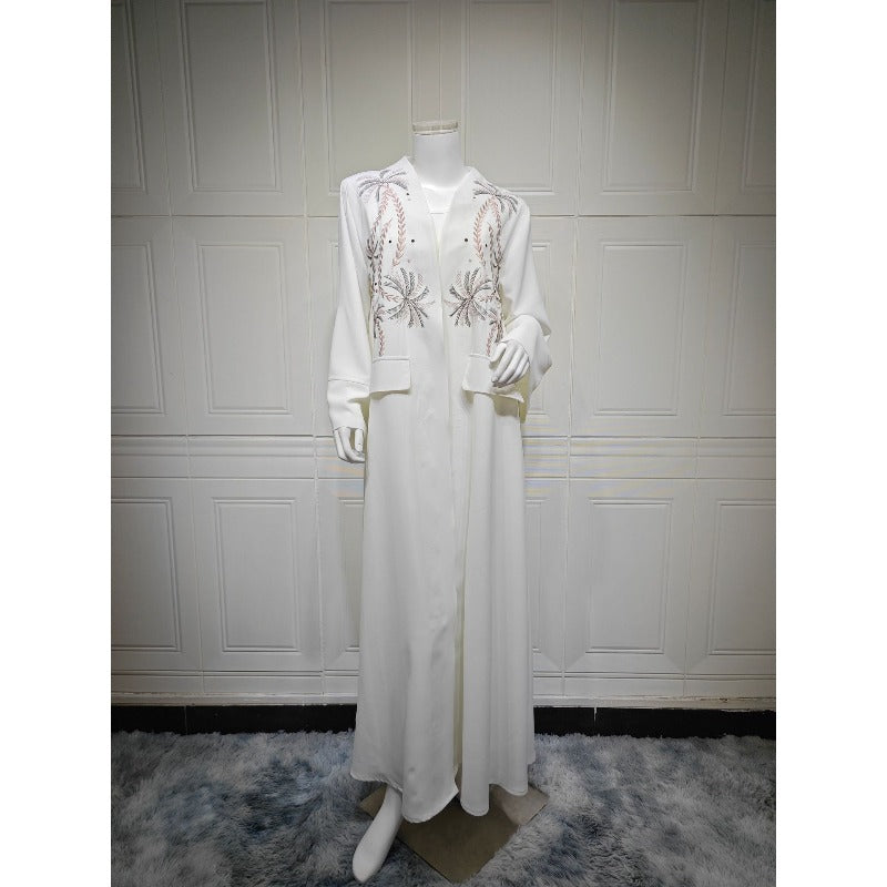 Ice Silk Crinkle Fabric  Embroidered V-Neck Abaya(MOA234)