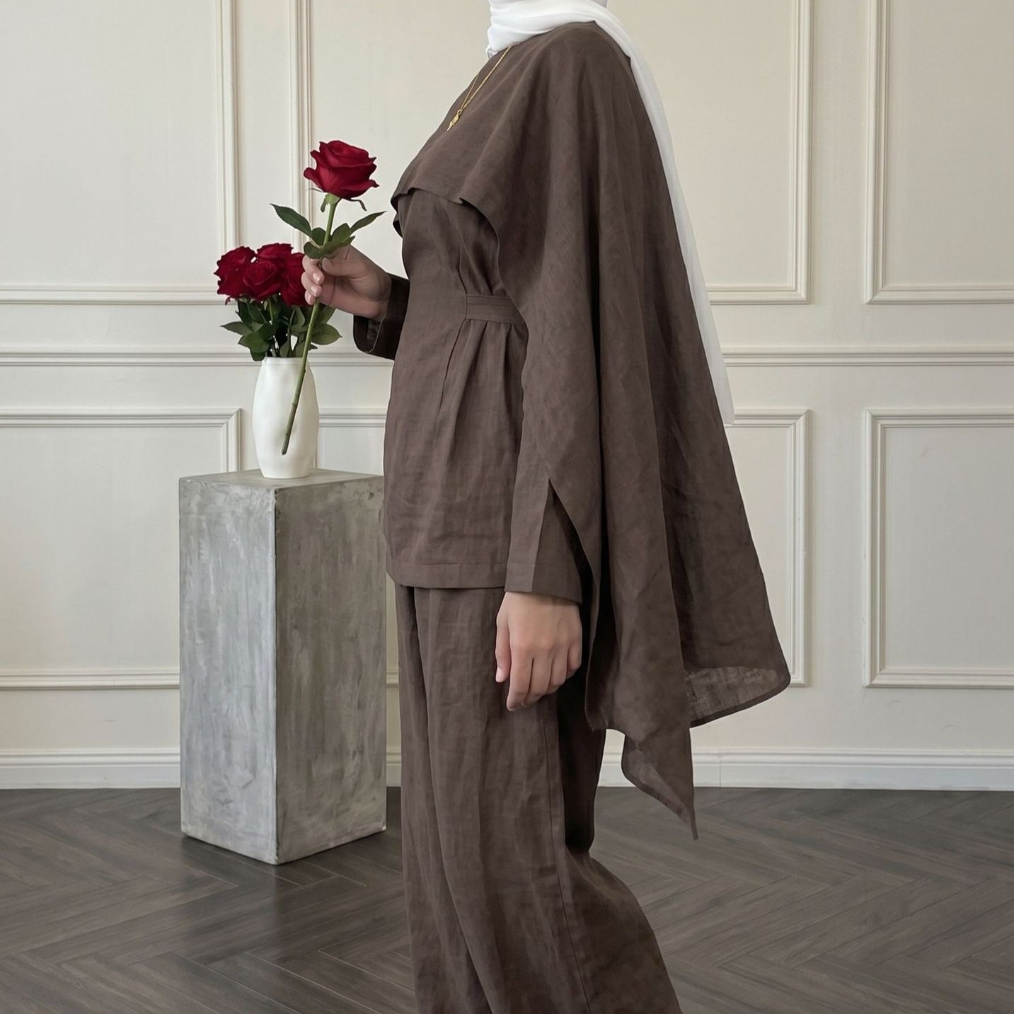 Detachable Shawl Long-Sleeve Top & Wide-Leg Trousers Three-Piece Co-ord Set(MS487)