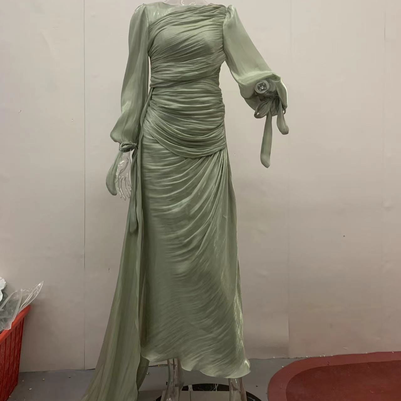 Ruched Evening Dress | Puff Sleeve Bodycon Maxi Dress(MS280)