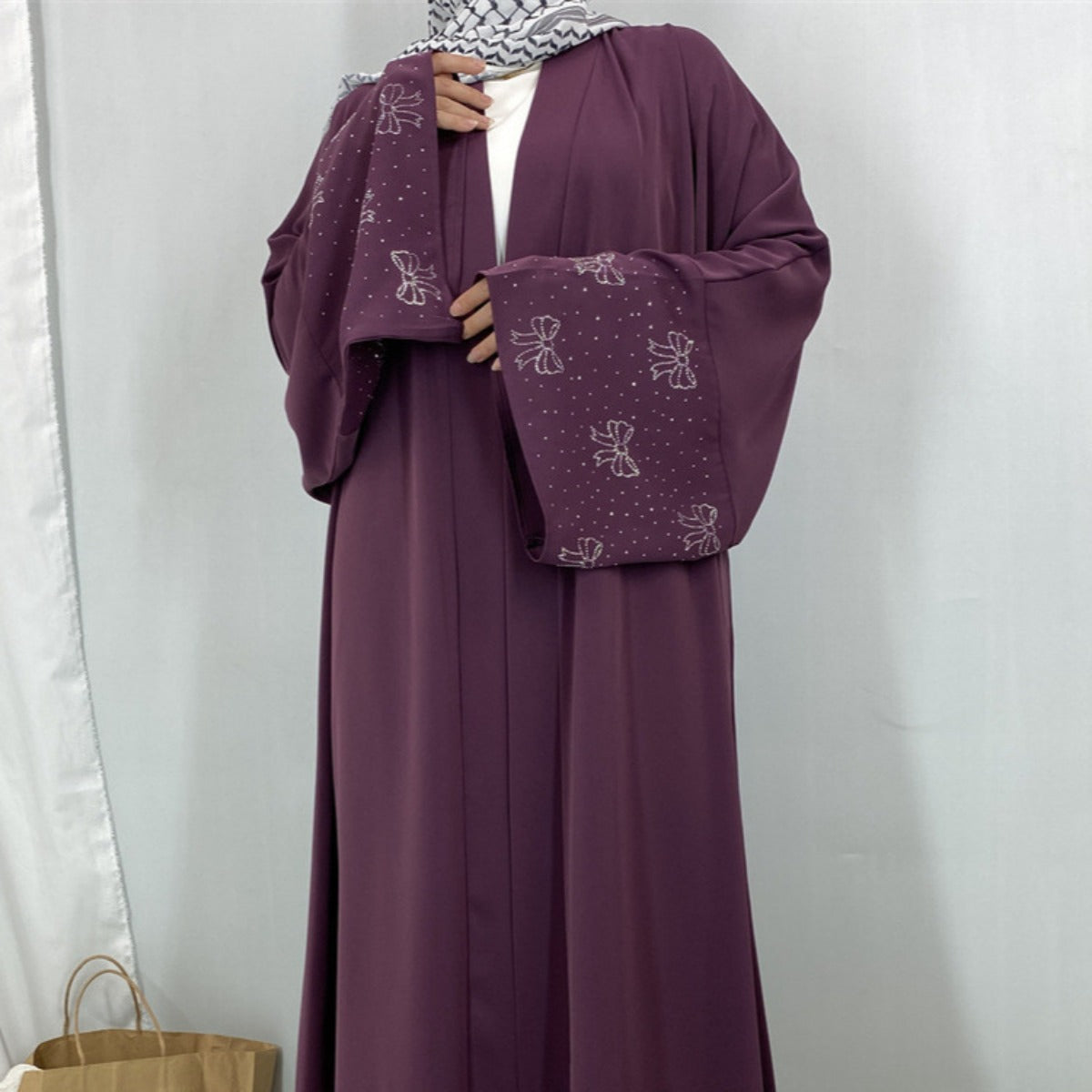 Modest Luxury Exquisite Transfer Diamond Printer Butterfly Sleeve Abaya(MOA206)