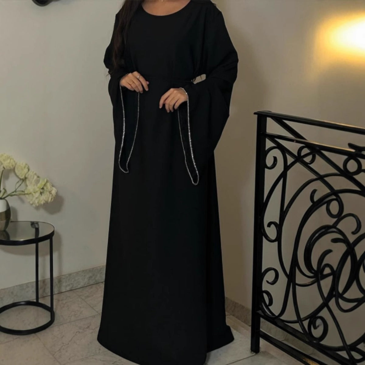 Luxury Loose Cuff Chain Abaya Dress - Modest Long Sleeve Elegant Robe with Silver Detailing(MA278)