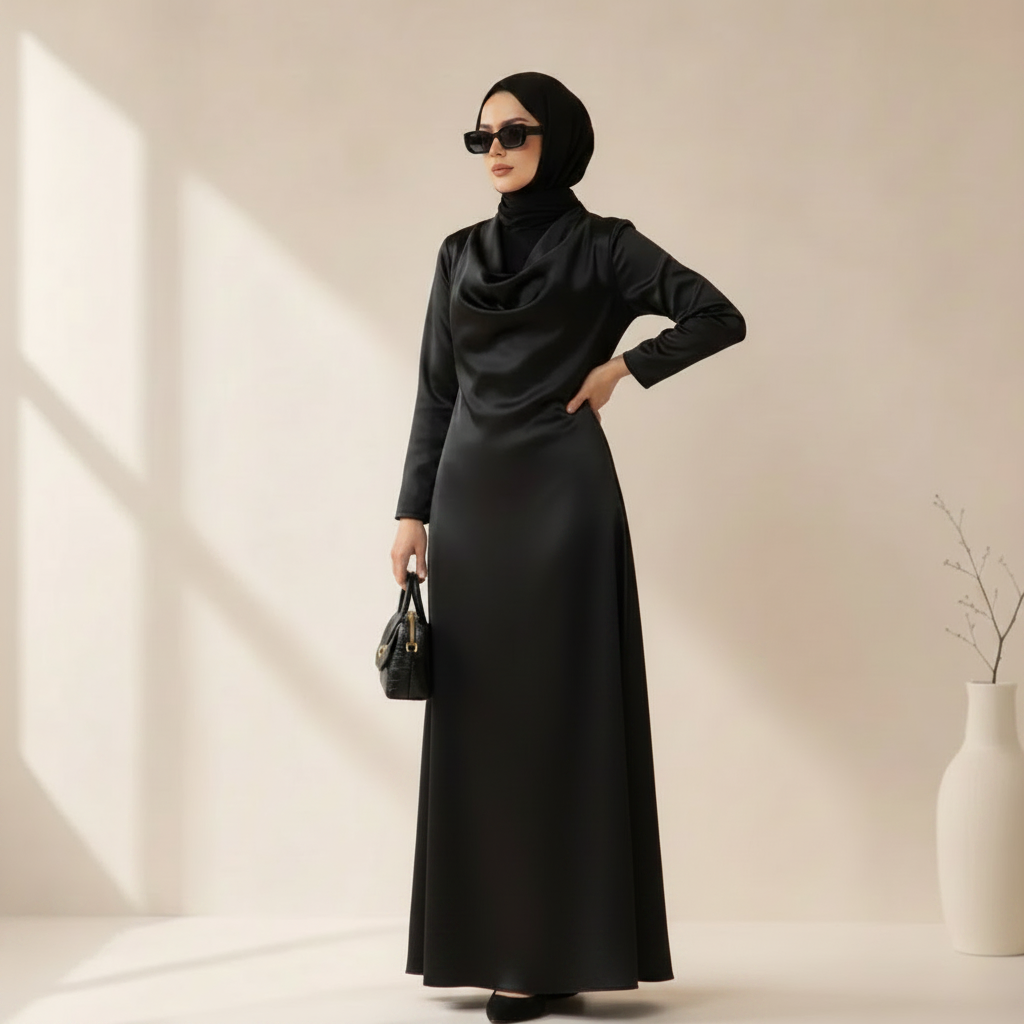Archive Piece Black Satin Cowl Neck Maxi Dress - MP063 (Size L Only)