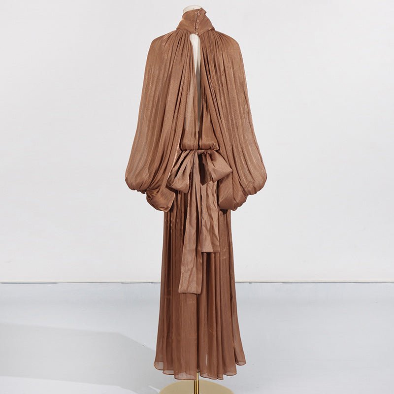 Balloon Sleeve Tie - Neck Maxi Dress(MS303) - Mariam's Collection