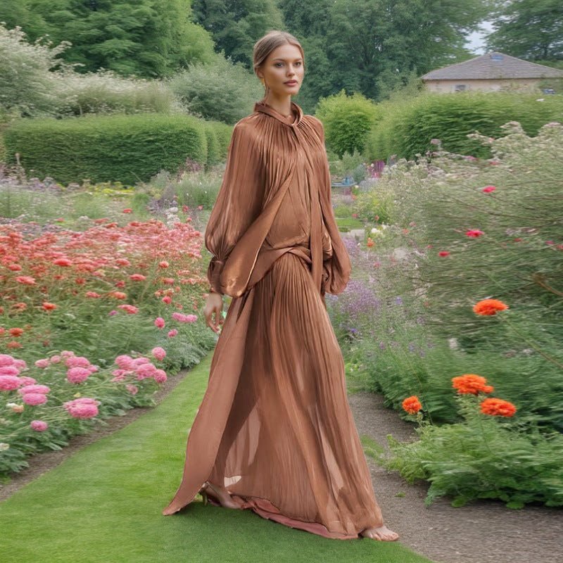 Balloon Sleeve Tie - Neck Maxi Dress(MS303) - Mariam's Collection