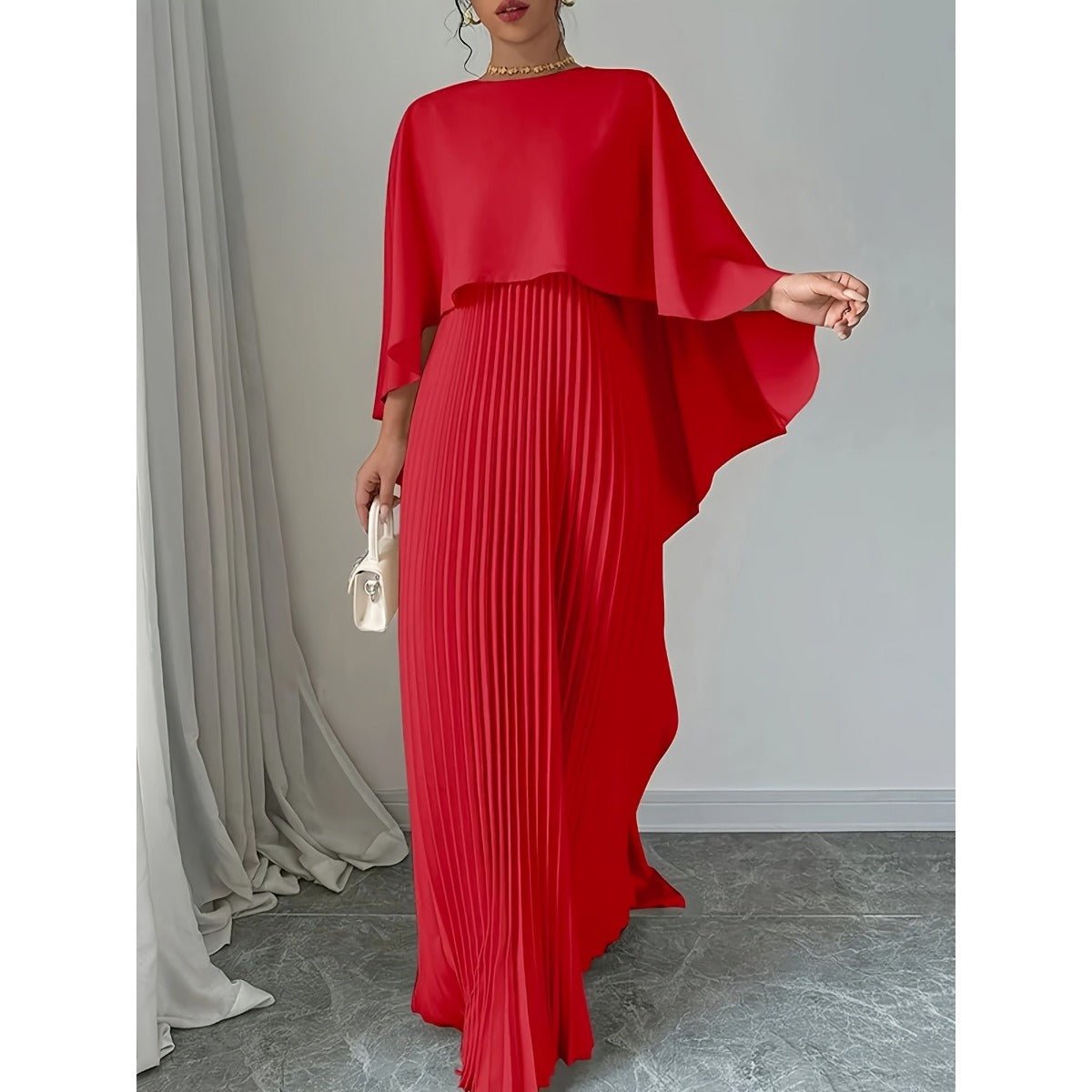 Bat Sleeve Pleated Maxi Dress | Cream White Cape Dress with Dramatic Bell Sleeves. (MA241) - Mariam's Collection