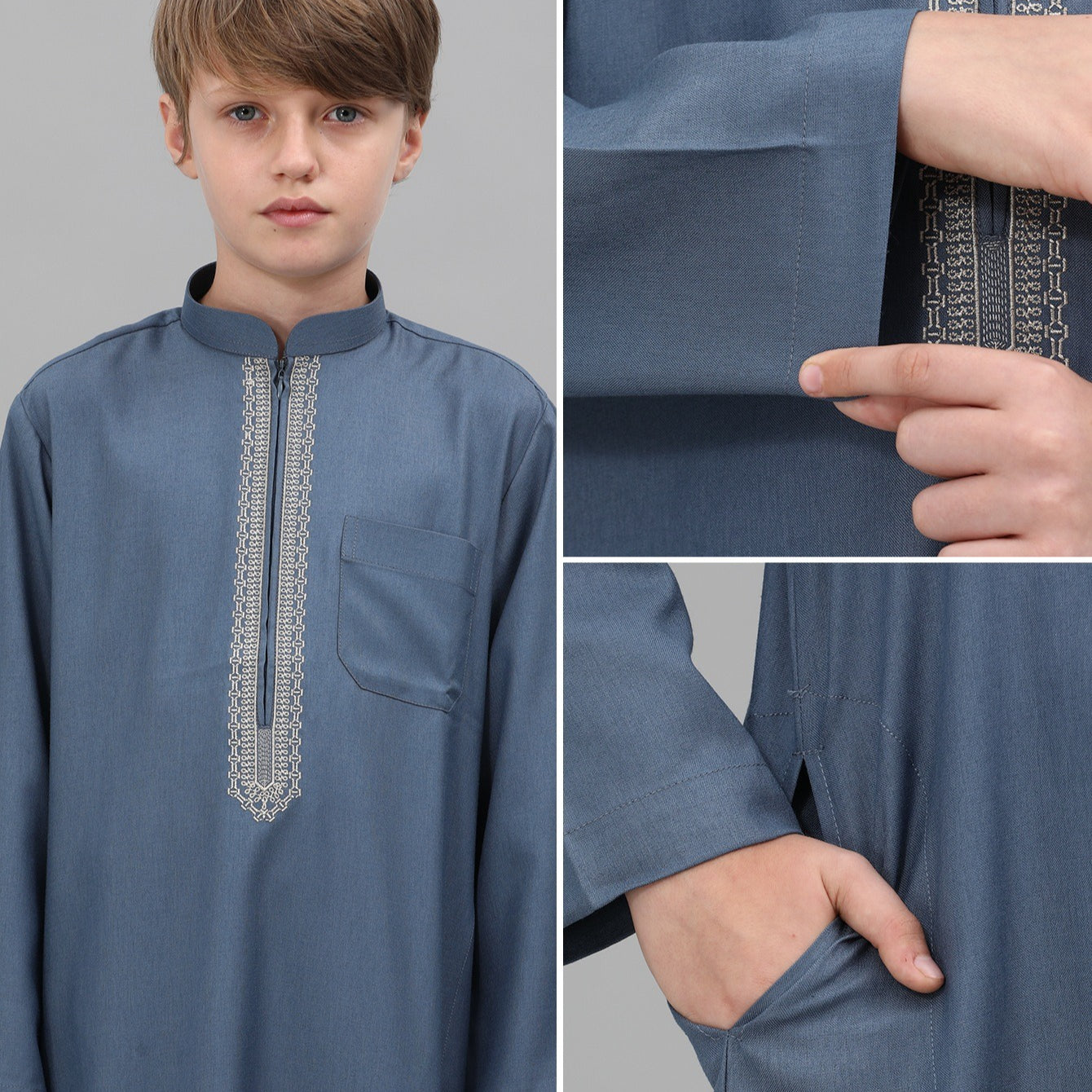 Boys Embroidered Thobe with Pockets(MKB013)