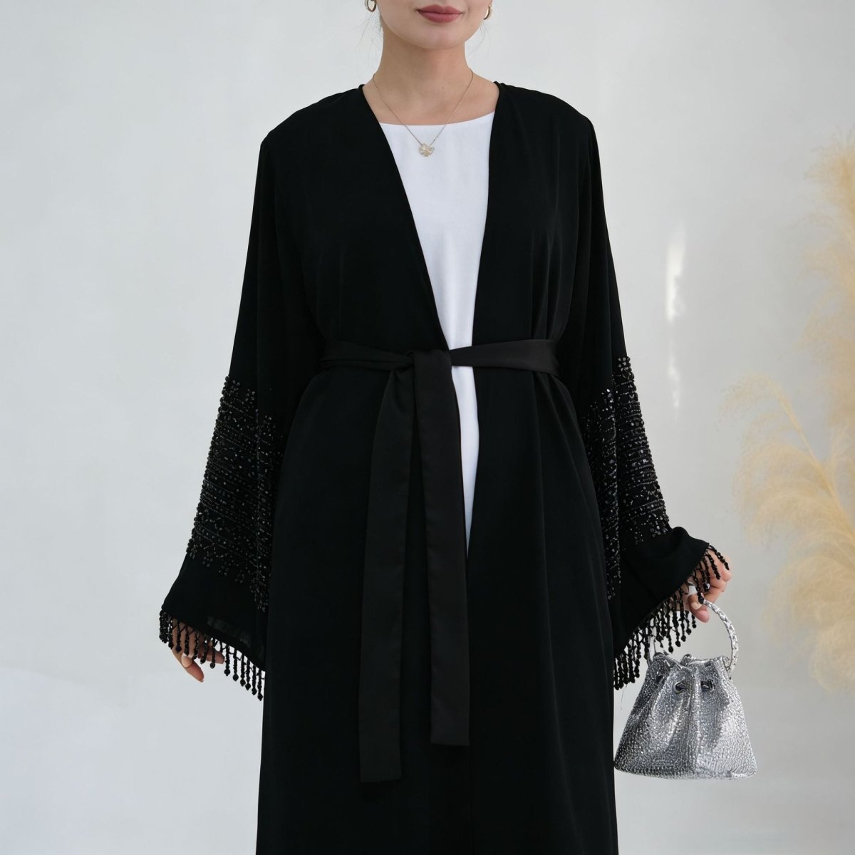 Beaded Embroidery Flared-Sleeve Open Abaya(MOA334) - Mariam's Collection