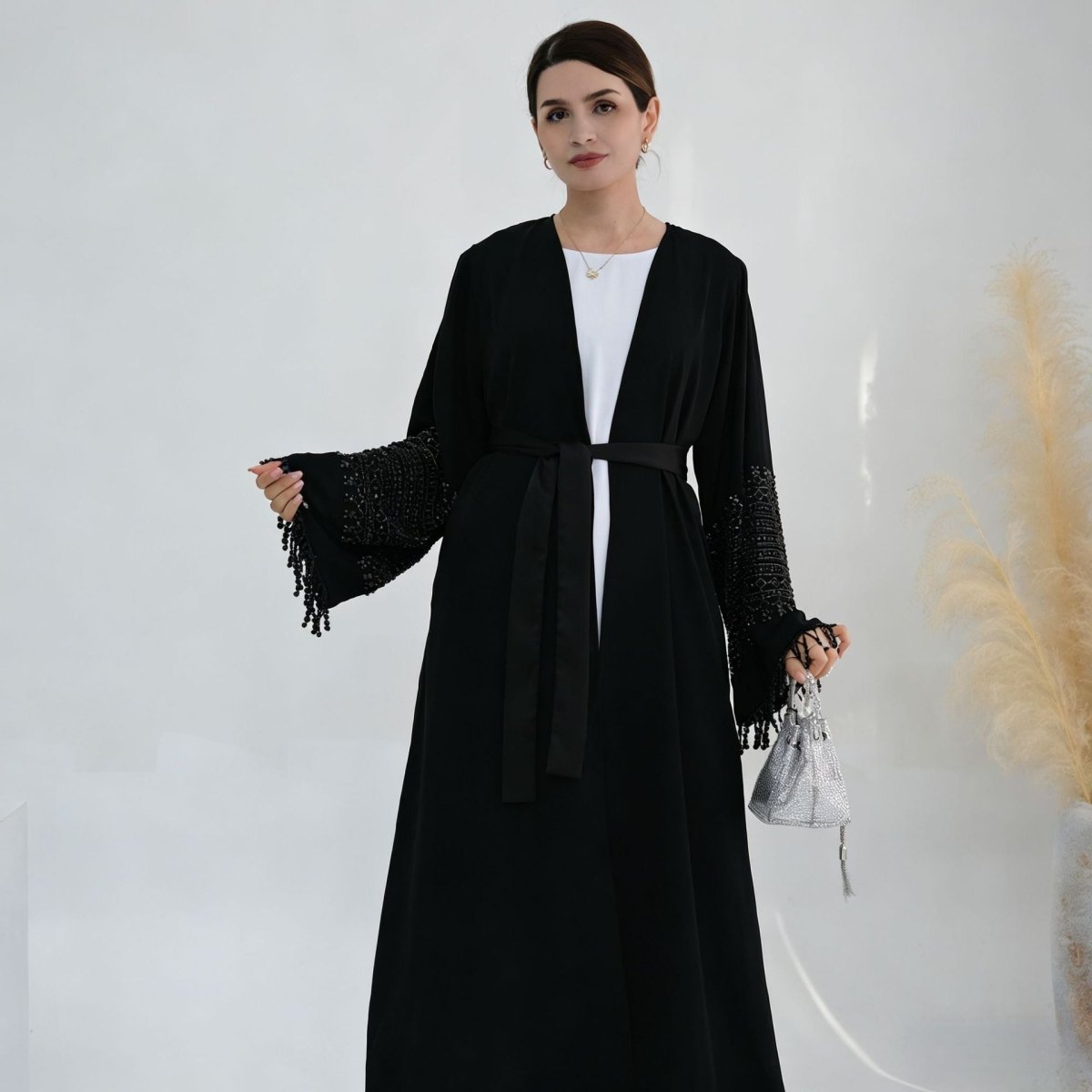 Beaded Embroidery Flared-Sleeve Open Abaya(MOA334) - Mariam's Collection