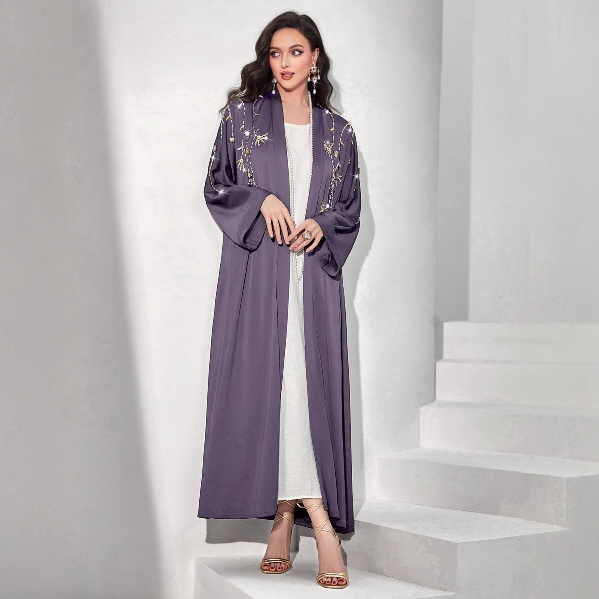 Beaded Floral Vine Abaya | Open - Front Embellished Cardigan(MOA268) - Mariam's Collection