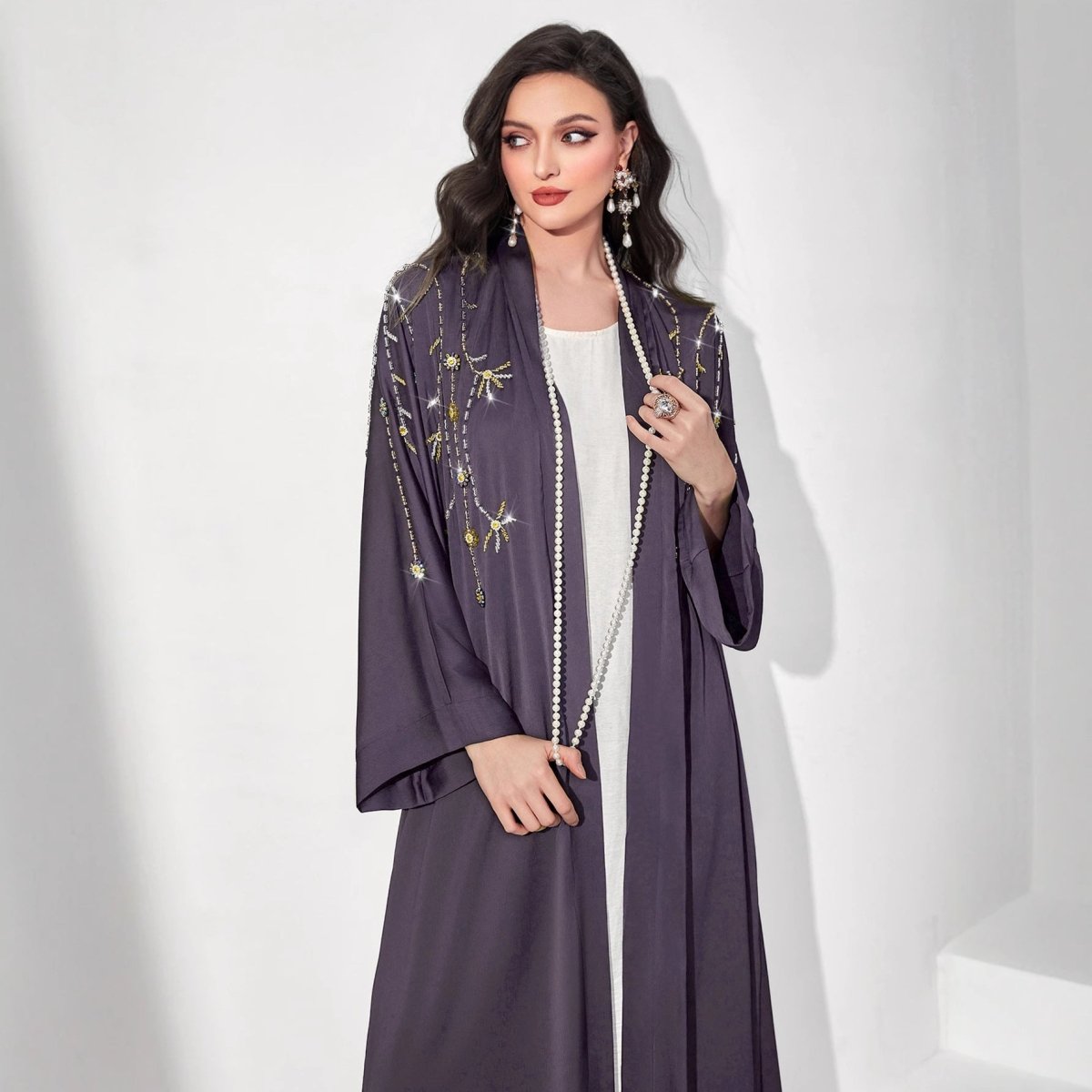 Beaded Floral Vine Abaya | Open - Front Embellished Cardigan(MOA268) - Mariam's Collection