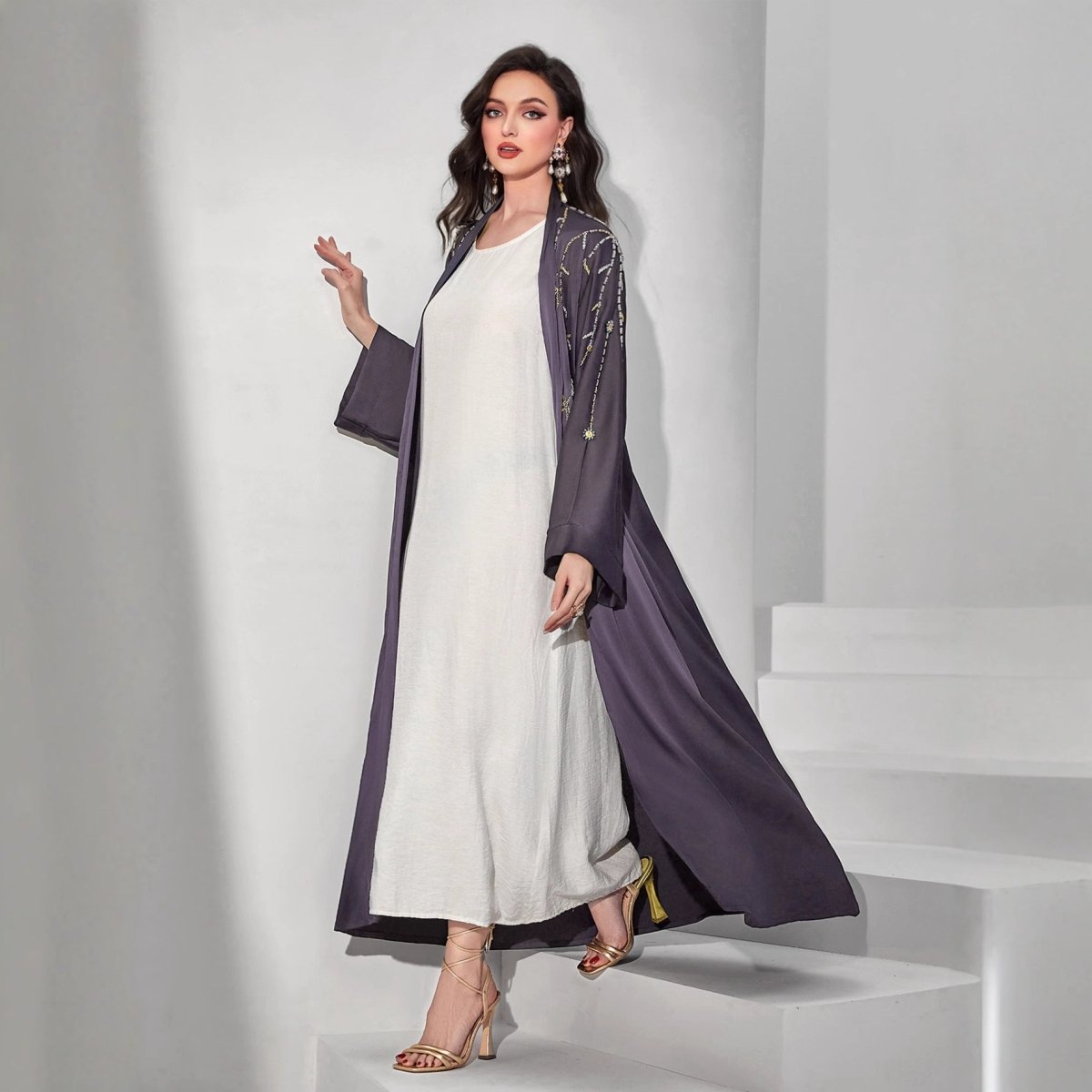 Beaded Floral Vine Abaya | Open - Front Embellished Cardigan(MOA268) - Mariam's Collection