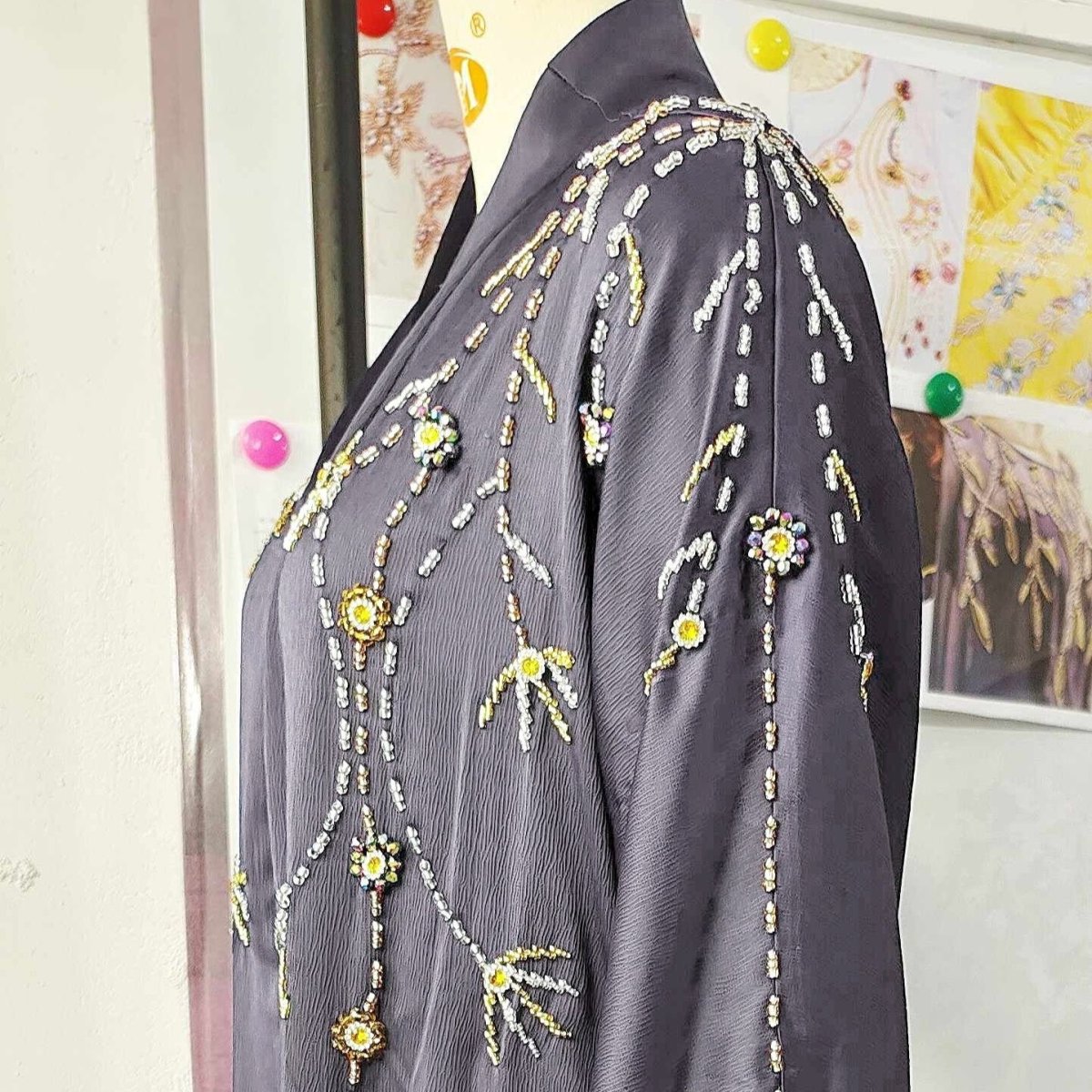 Beaded Floral Vine Abaya | Open - Front Embellished Cardigan(MOA268) - Mariam's Collection