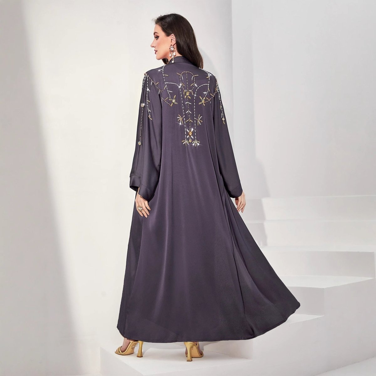 Beaded Floral Vine Abaya | Open - Front Embellished Cardigan(MOA268) - Mariam's Collection