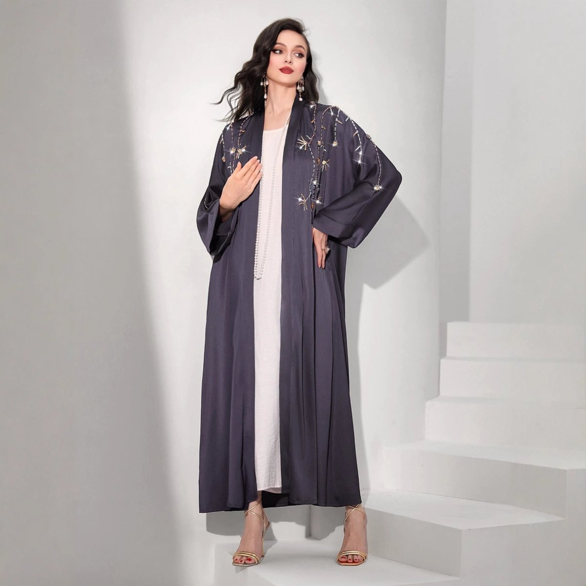 Beaded Floral Vine Abaya | Open - Front Embellished Cardigan(MOA268) - Mariam's Collection