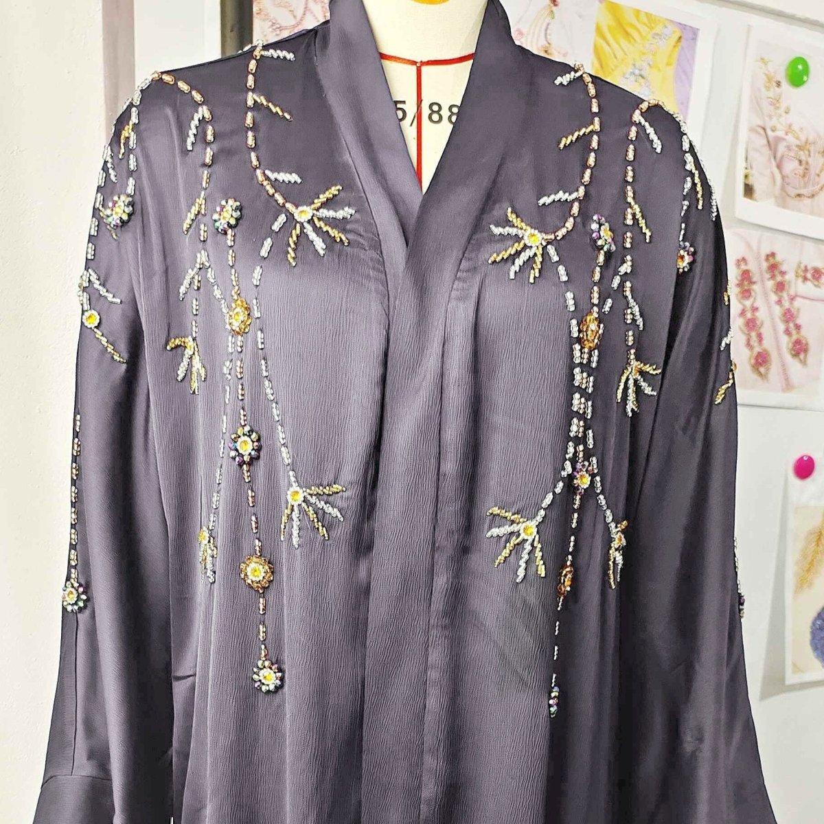 Beaded Floral Vine Abaya | Open - Front Embellished Cardigan(MOA268) - Mariam's Collection