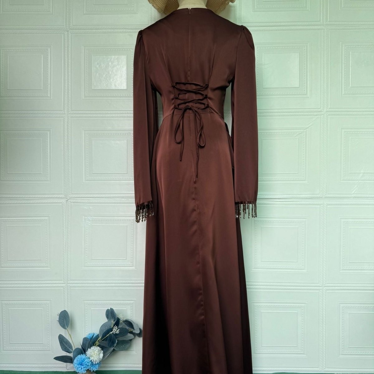 Beaded Fringe Cuff Maxi Dress(MS480) - Mariam's Collection