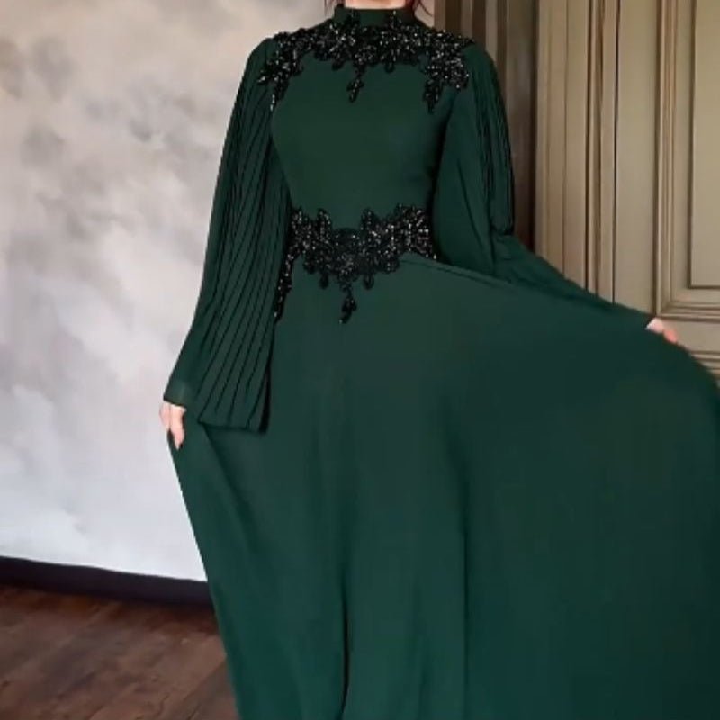 Beaded Lace Evening Gown | Pleated Sleeve Maxi Dress with Crystal Applique(MA346) - Mariam's Collection