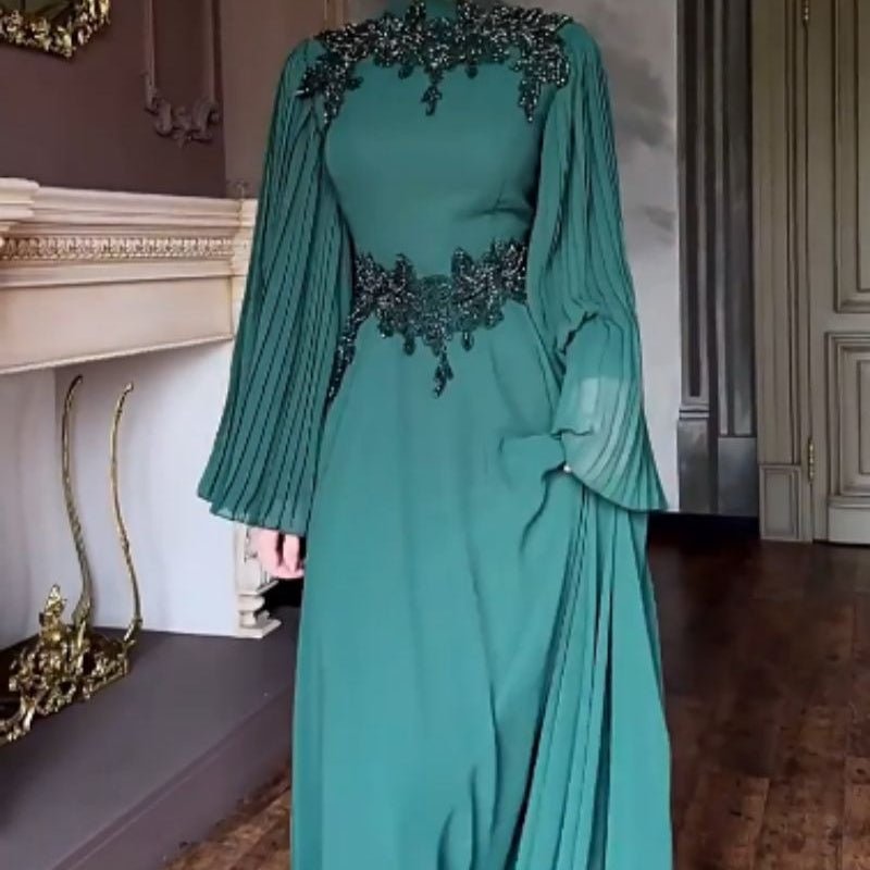 Beaded Lace Evening Gown | Pleated Sleeve Maxi Dress with Crystal Applique(MA346) - Mariam's Collection