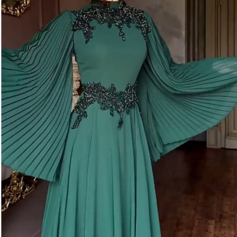 Beaded Lace Evening Gown | Pleated Sleeve Maxi Dress with Crystal Applique(MA346) - Mariam's Collection