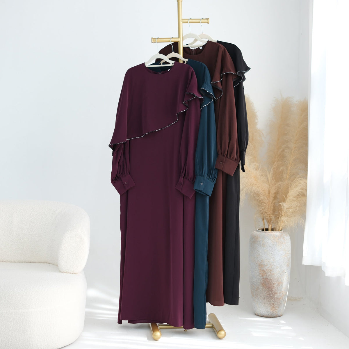 Beaded Ruffle Balloon-Sleeve Abaya(MA473) - Mariam's Collection