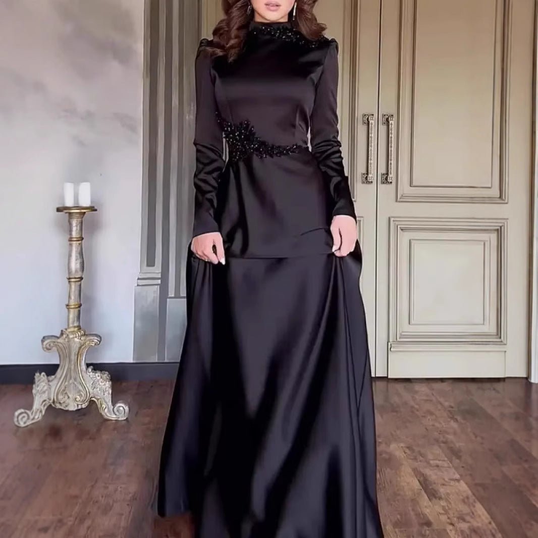 Beaded Satin Evening Gown | High Neck Long Sleeve Maxi Dress(MA349) - Mariam's Collection