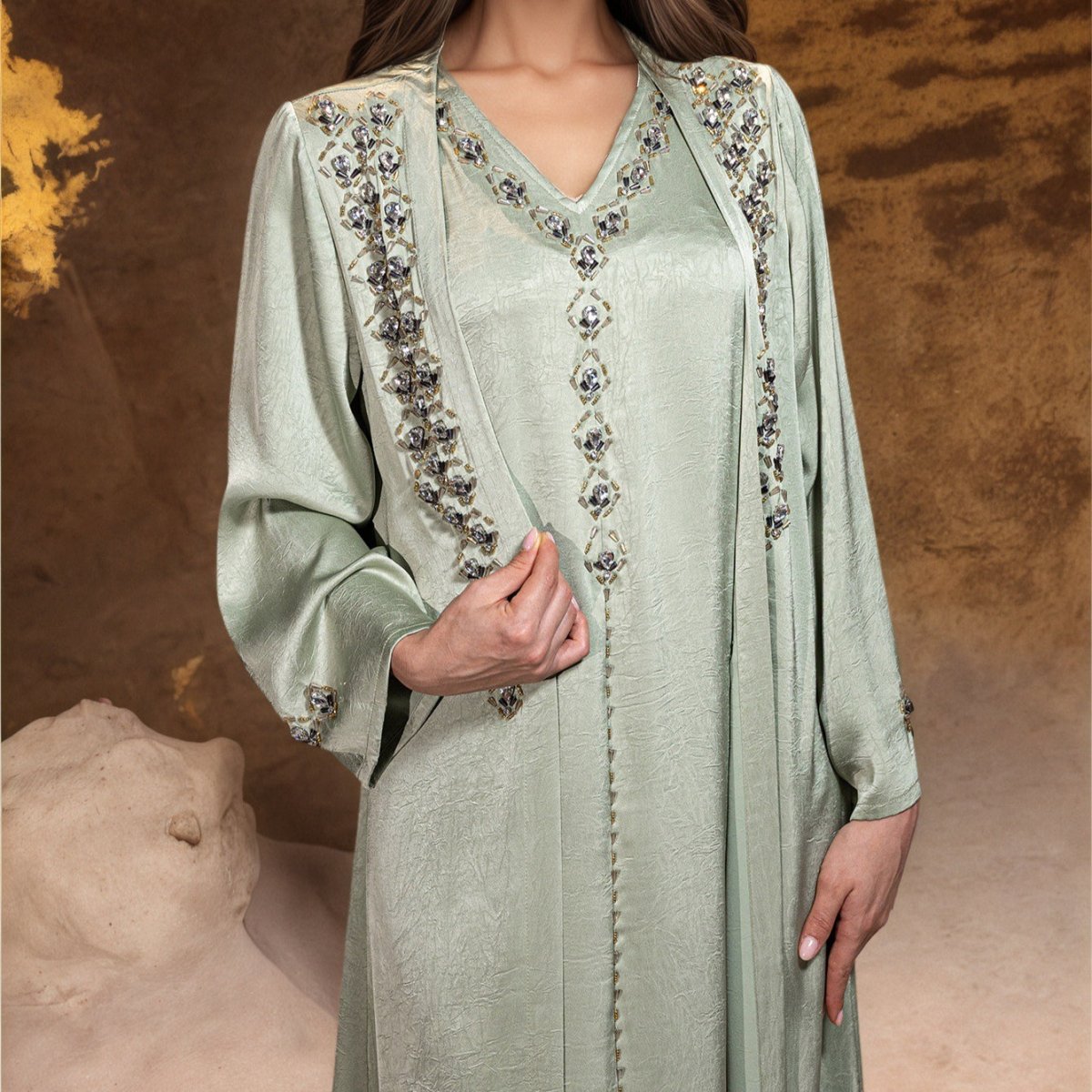 Beaded Two - Piece Abaya Set with Jacket | Embellished Kaftan Gown(MOA269) - Mariam's Collection