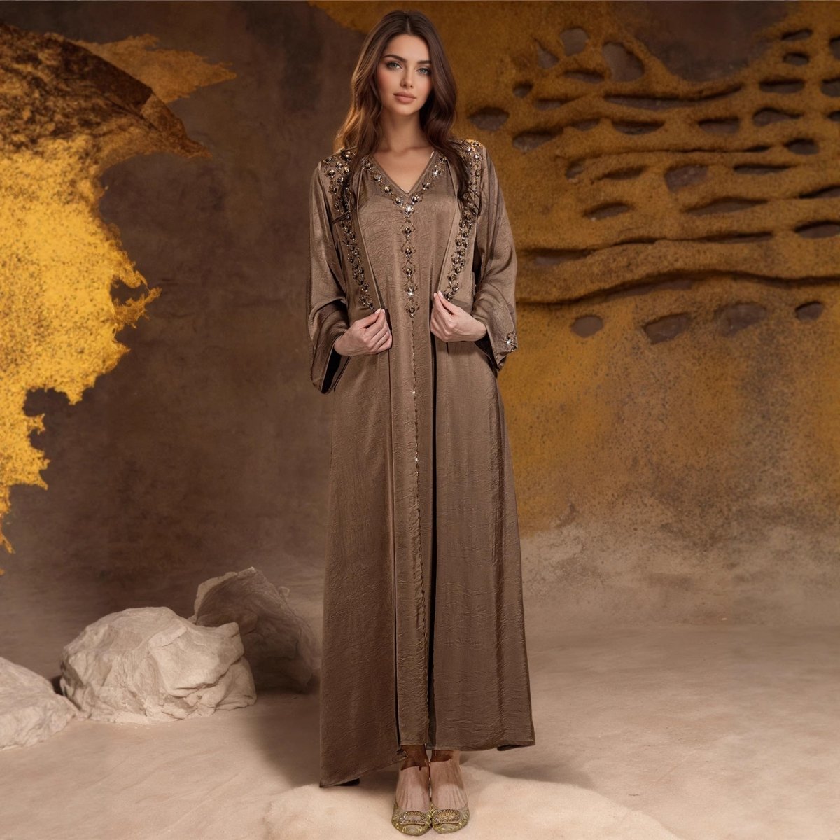 Beaded Two - Piece Abaya Set with Jacket | Embellished Kaftan Gown(MOA269) - Mariam's Collection