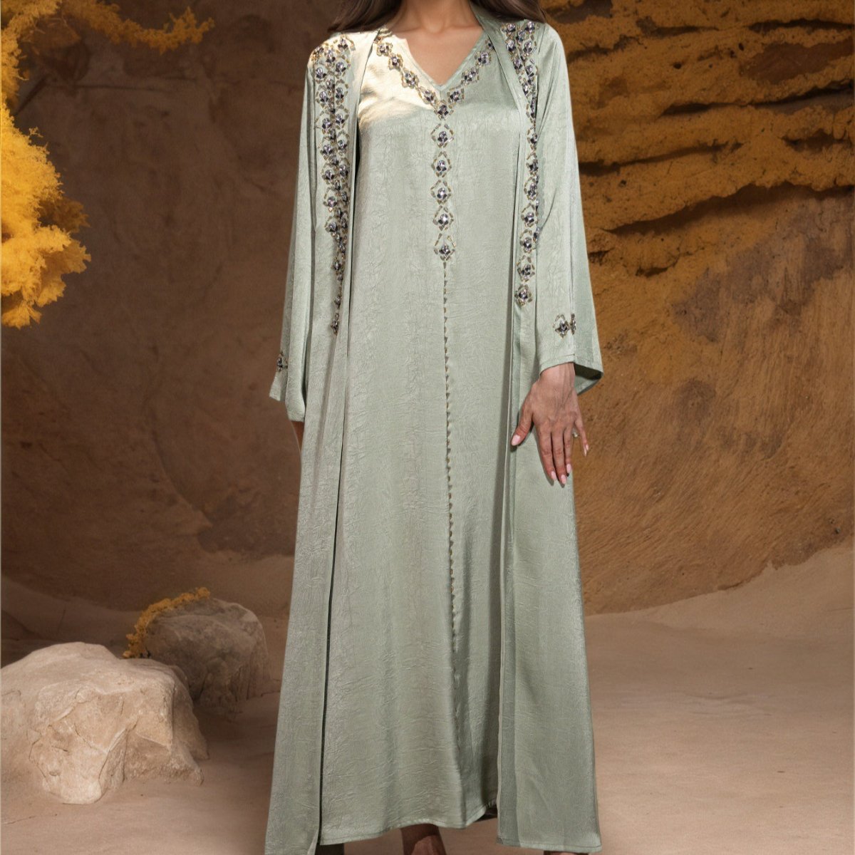 Beaded Two - Piece Abaya Set with Jacket | Embellished Kaftan Gown(MOA269) - Mariam's Collection