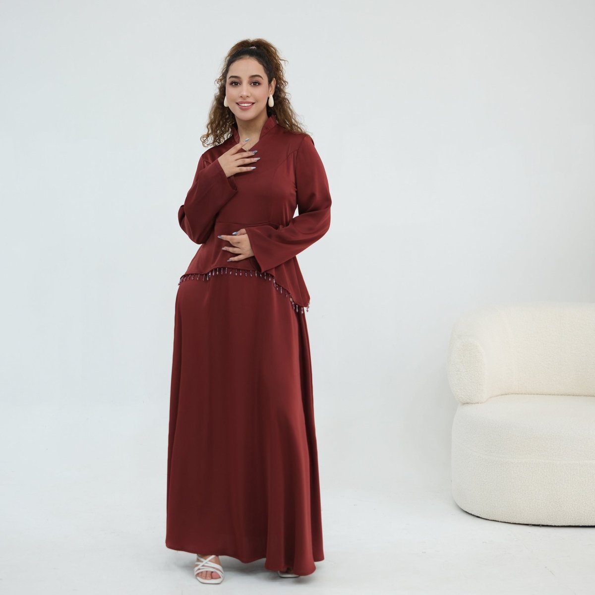 Beaded-Waist Corset-Back Flared-Sleeve Maxi Dress(MS476) - Mariam's Collection