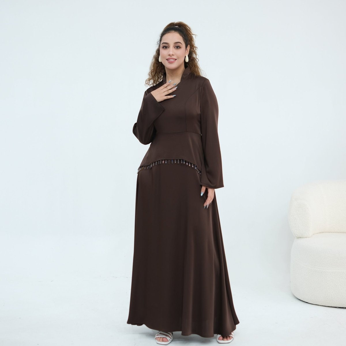 Beaded-Waist Corset-Back Flared-Sleeve Maxi Dress(MS476) - Mariam's Collection