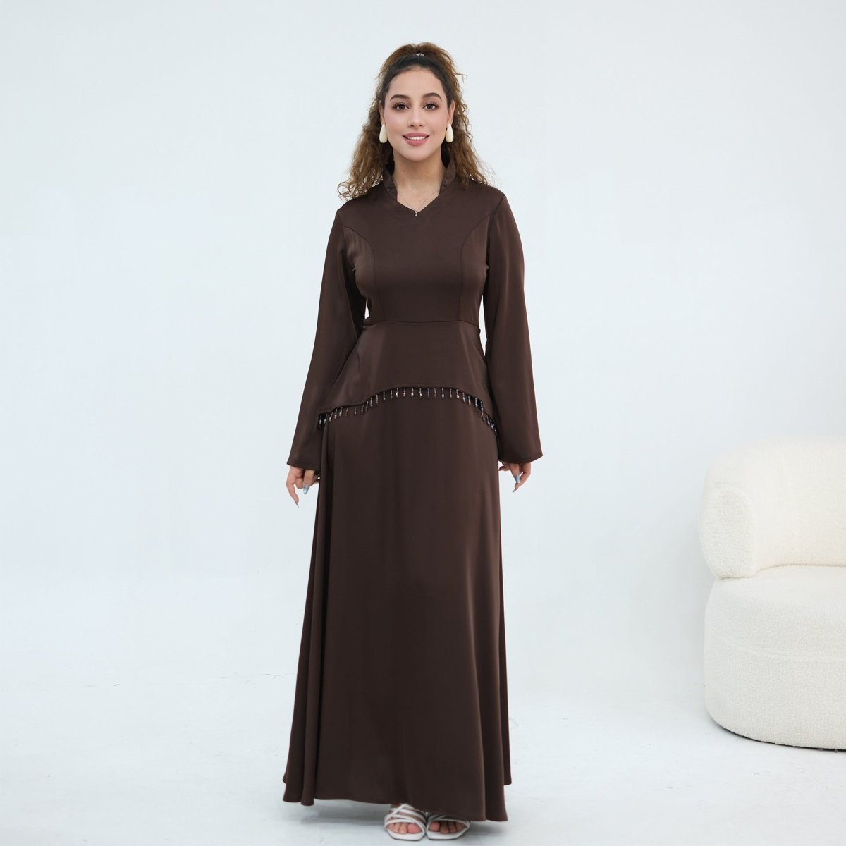 Beaded-Waist Corset-Back Flared-Sleeve Maxi Dress(MS476) - Mariam's Collection