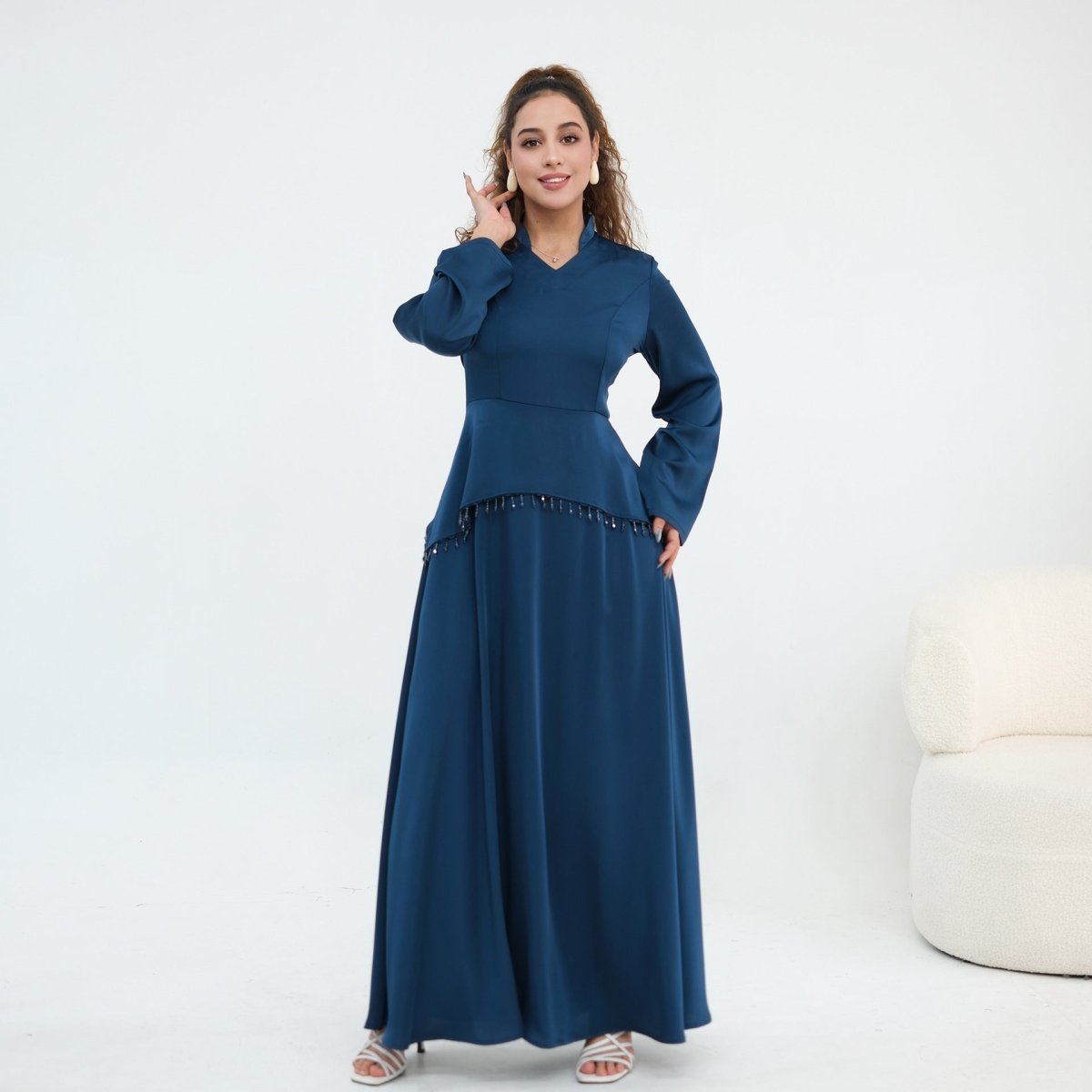 Beaded-Waist Corset-Back Flared-Sleeve Maxi Dress(MS476) - Mariam's Collection