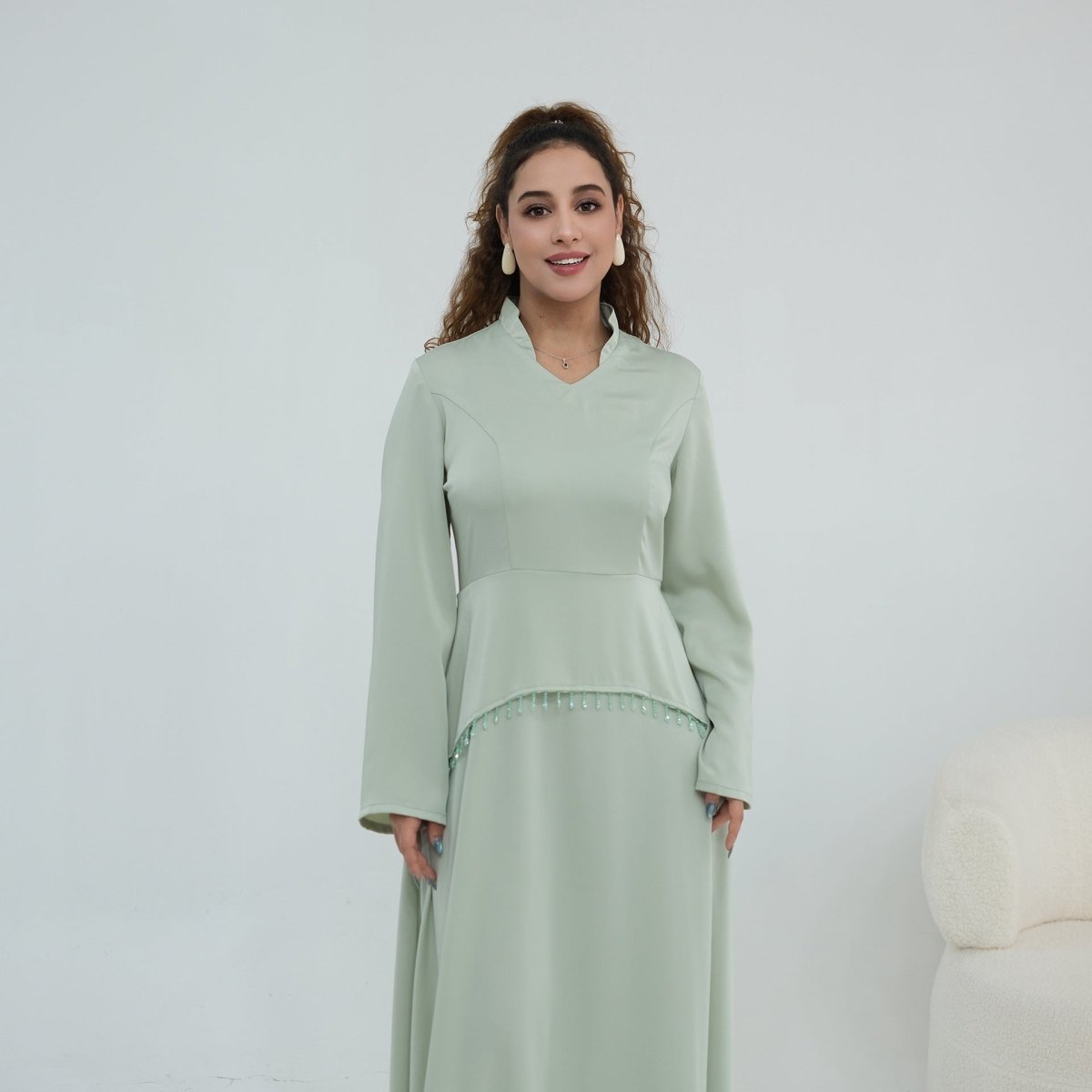 Beaded-Waist Corset-Back Flared-Sleeve Maxi Dress(MS476) - Mariam's Collection