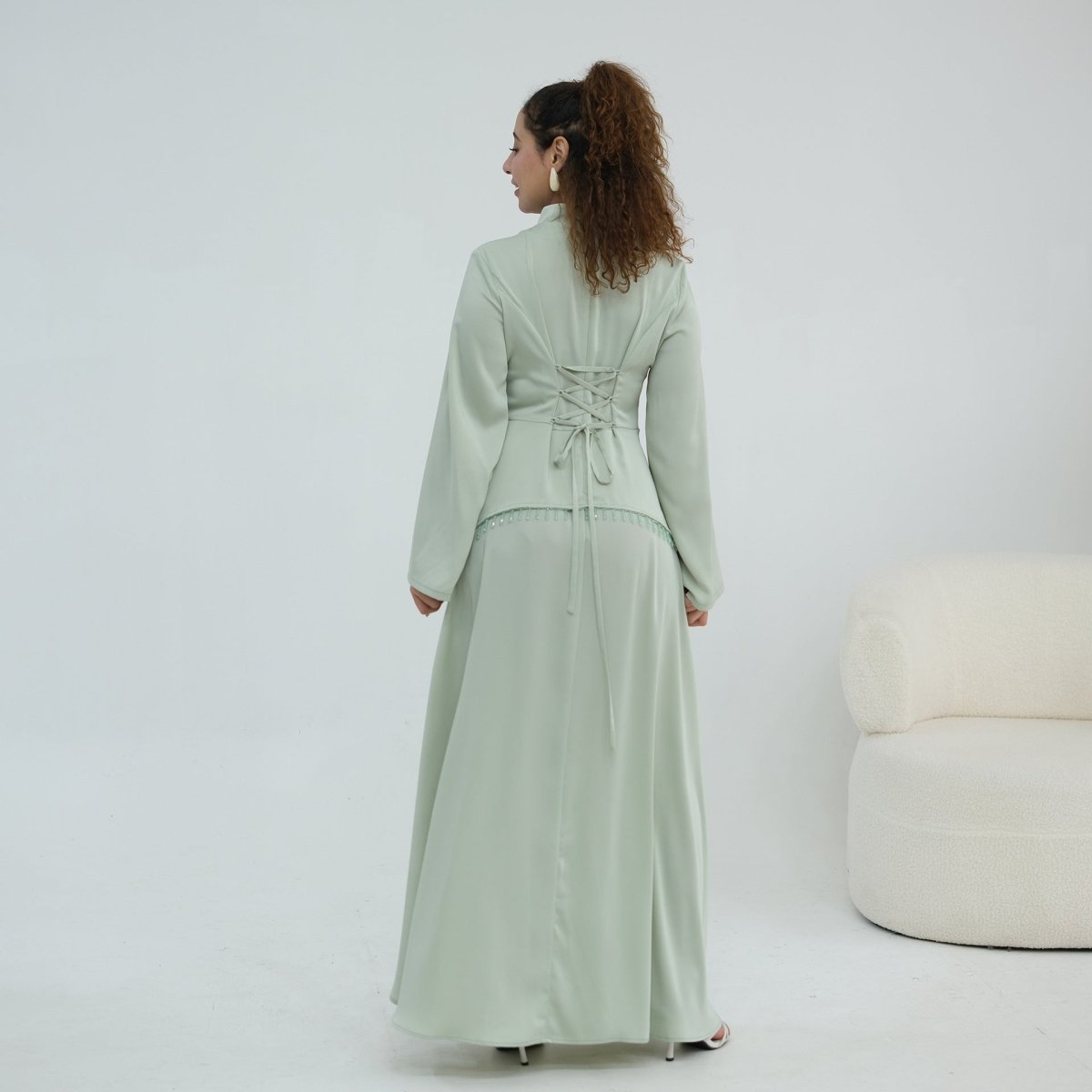 Beaded-Waist Corset-Back Flared-Sleeve Maxi Dress(MS476) - Mariam's Collection