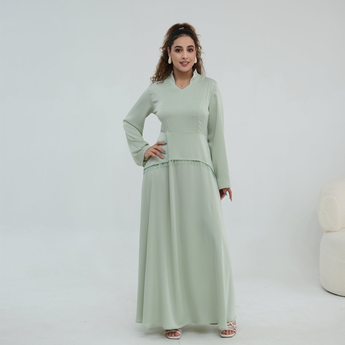 Beaded-Waist Corset-Back Flared-Sleeve Maxi Dress(MS476) - Mariam's Collection