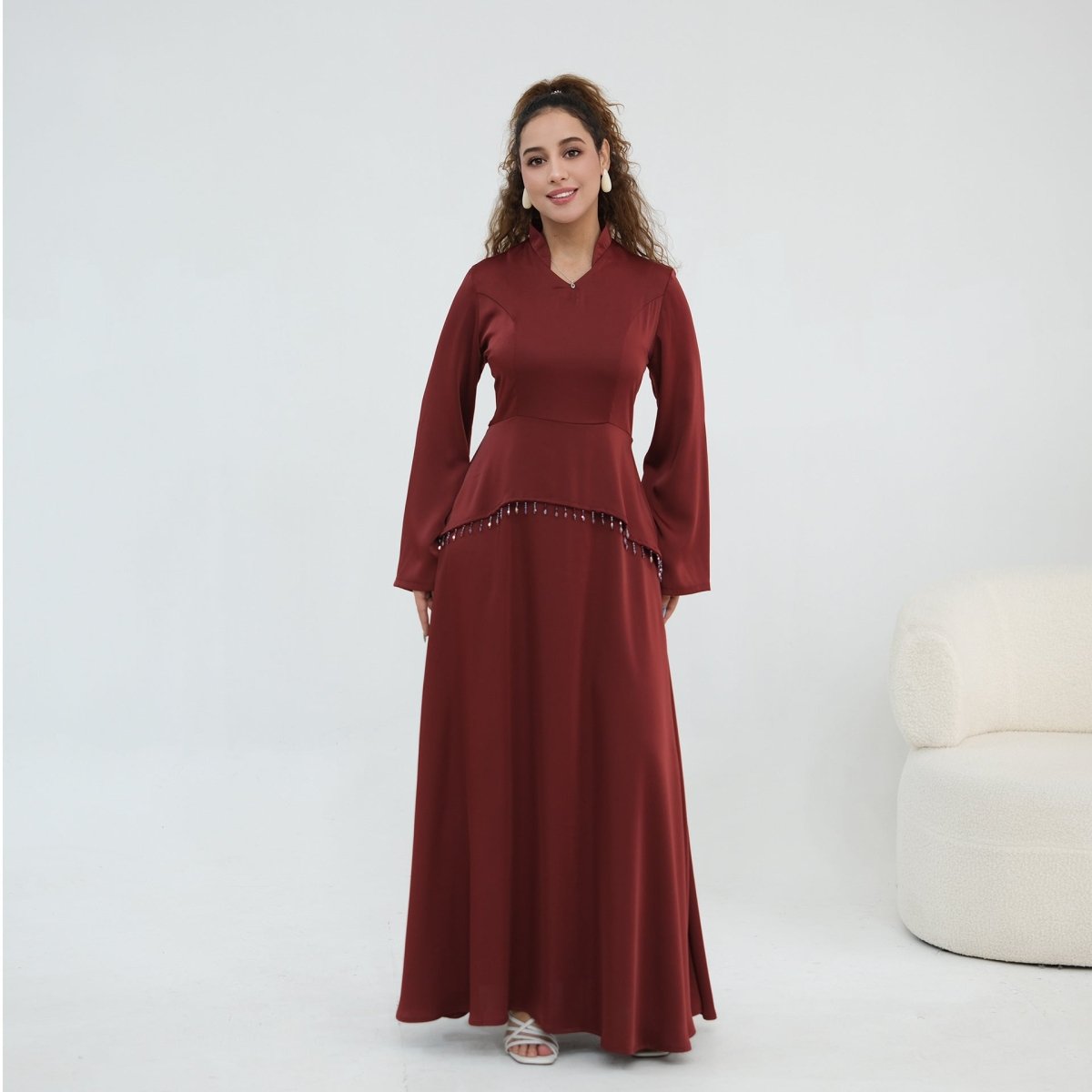Beaded-Waist Corset-Back Flared-Sleeve Maxi Dress(MS476) - Mariam's Collection