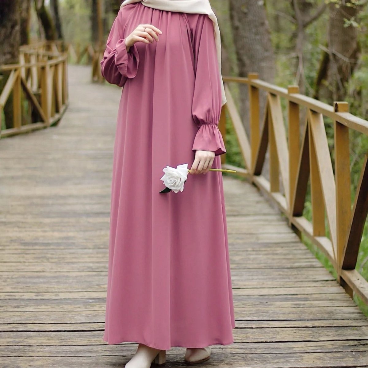 Bell Sleeve Chiffon Abaya | Round Neck Pocket Maxi Dress(MA363) - Mariam's Collection