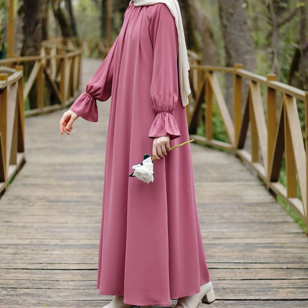 Bell Sleeve Chiffon Abaya | Round Neck Pocket Maxi Dress(MA363) - Mariam's Collection
