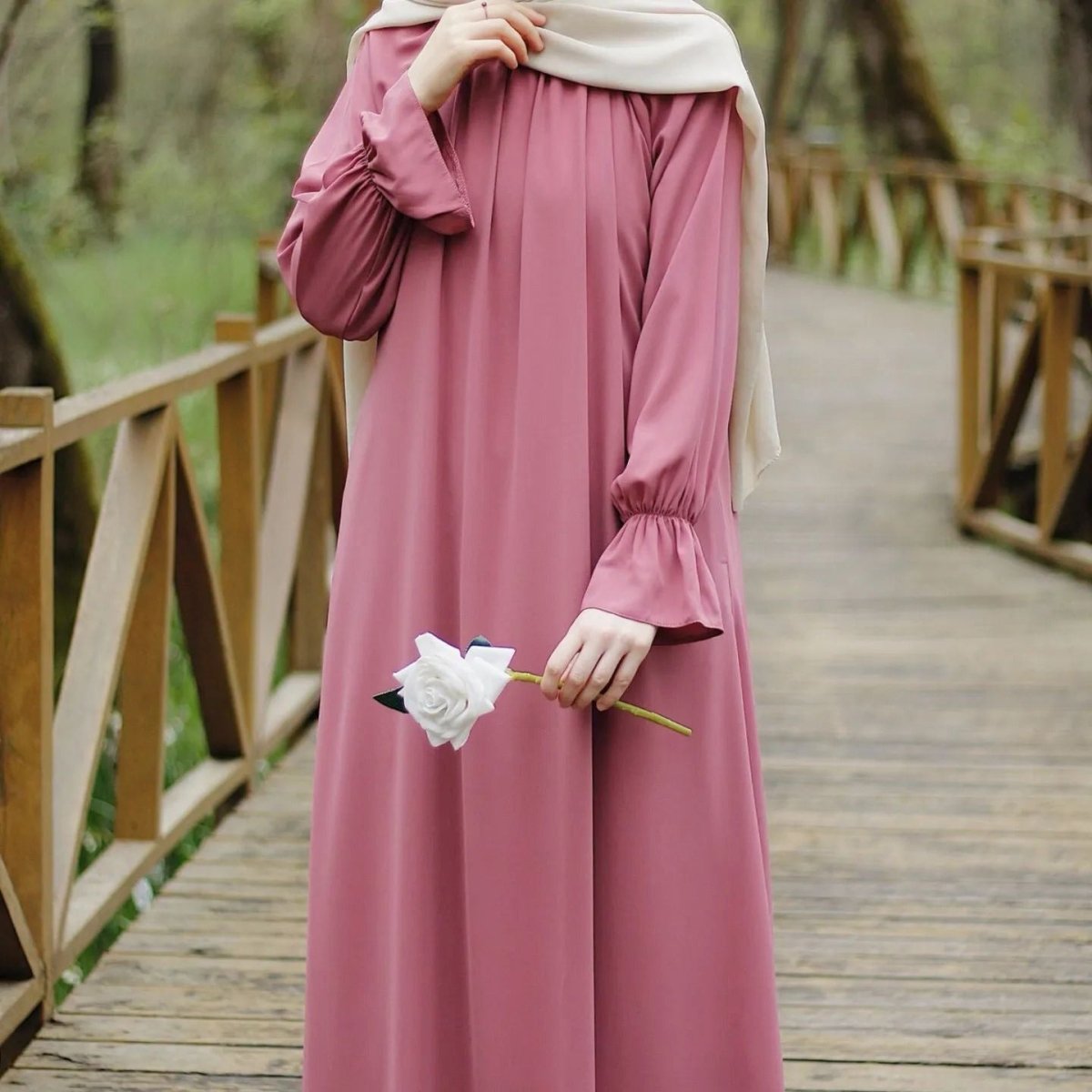 Bell Sleeve Chiffon Abaya | Round Neck Pocket Maxi Dress(MA363) - Mariam's Collection