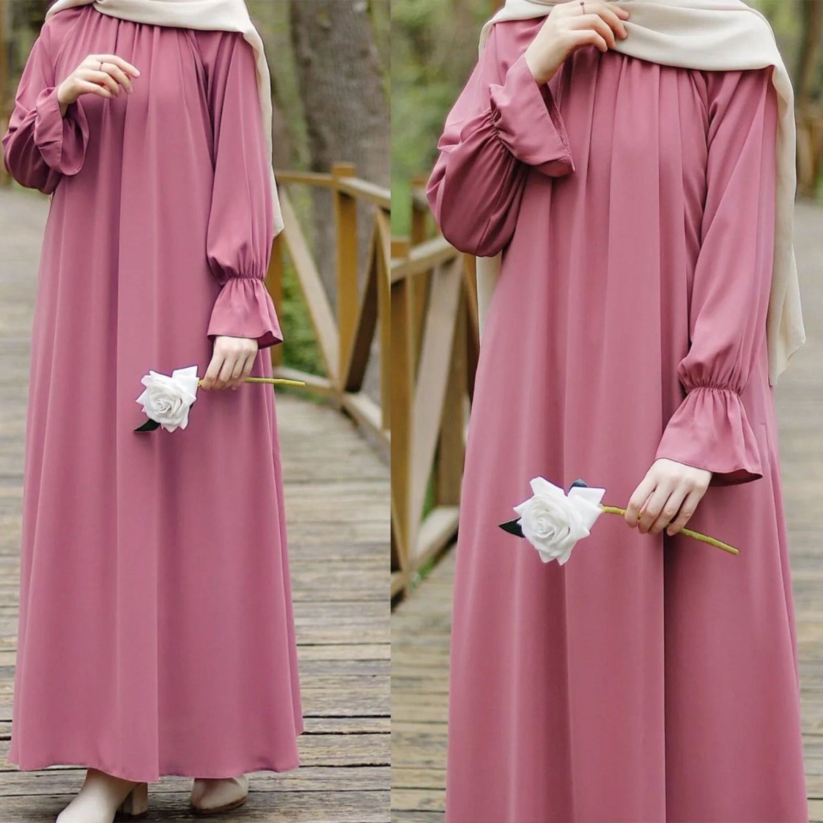 Bell Sleeve Chiffon Abaya | Round Neck Pocket Maxi Dress(MA363) - Mariam's Collection